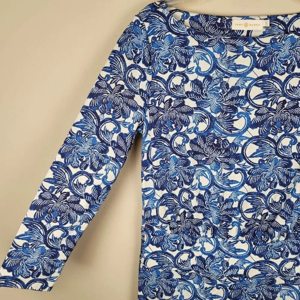 Tory Burch Sheila Floral Silk Dress Knee Lenght 3/4 Sleeve Blue White Size S